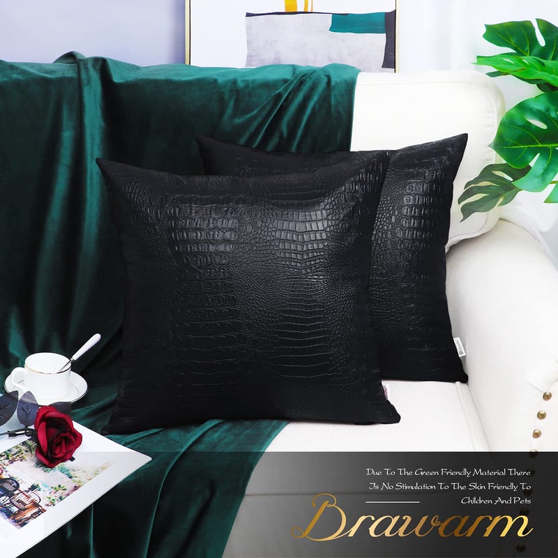 BRAWARM Faux Leather Pillow Covers 16 X 16 Inches, Black Leather Pillow Covers Pack of 2, Crocodile Leather Decorative Throw Pillows for Living Room Couch Bed Sofa Home - Image 2